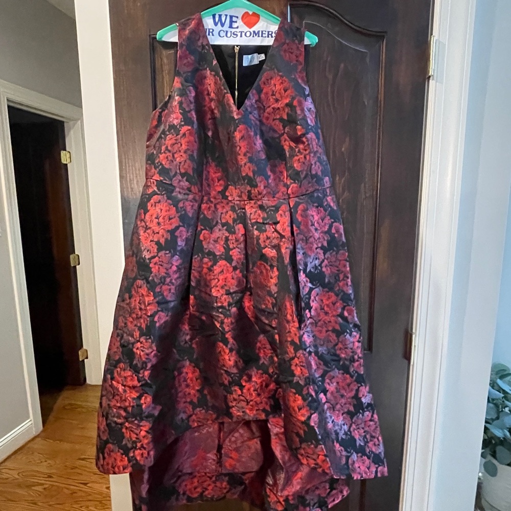 Eliza J Formal “High-Low” Dress in Red and Black Floral